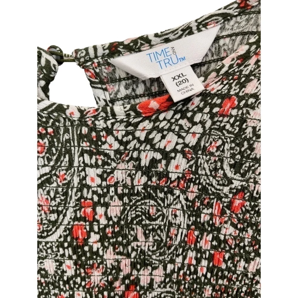 TIME and Tru Green Floral Smocked Bodice Ruffle Hem Plus Size Dress Size XXL